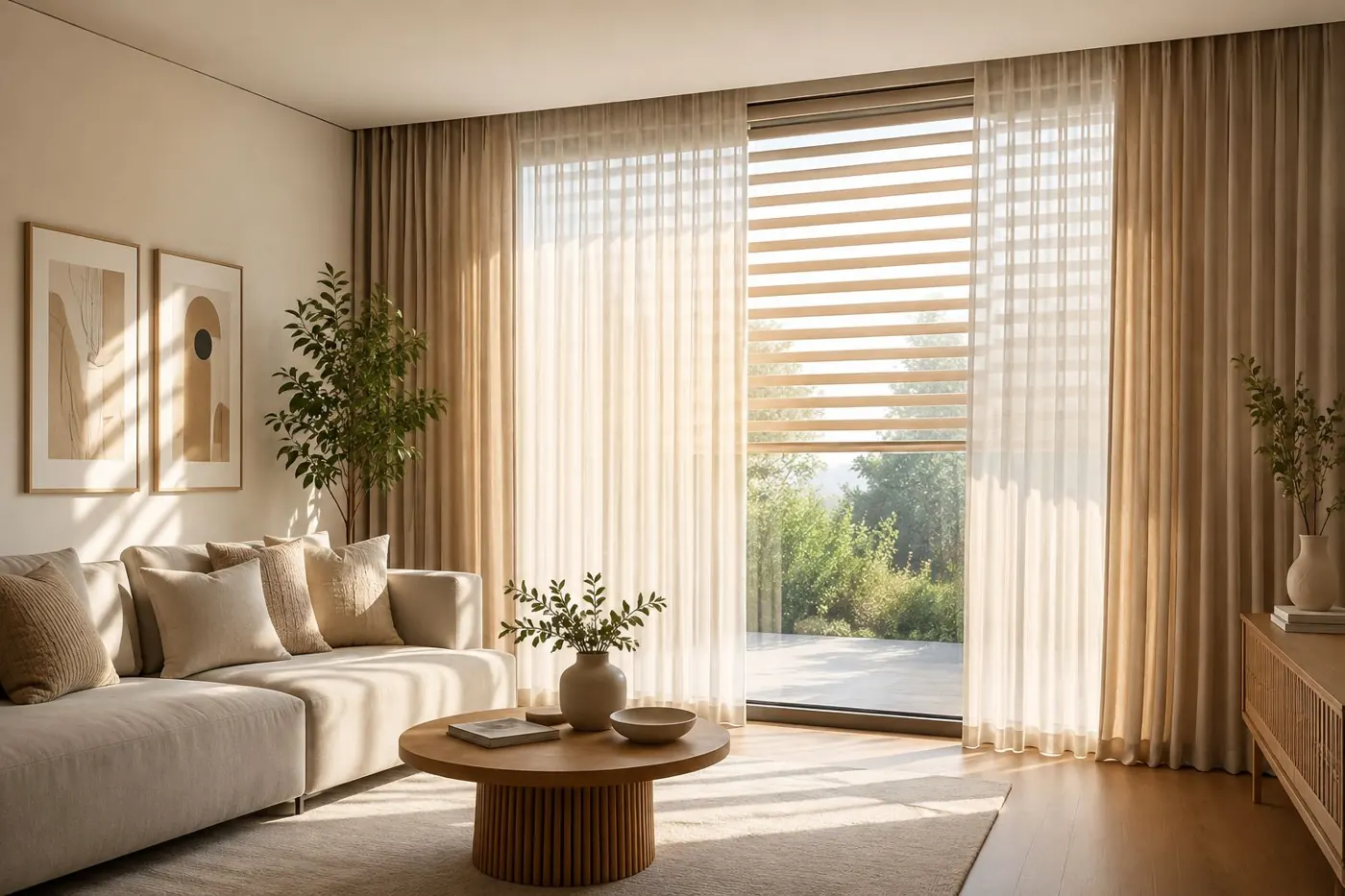 Sala con cortinas sheer y enrollable